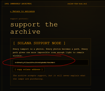 A dark terminal-style website interface titled "[ SOL IMMERSIVE ARCHIVES ]" from raise-the-sun.sol, with a section to "support the archive" displaying a red-circled Solana wallet address.