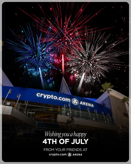 A 4th of July greeting from crypto.com Arena showing red, white, and blue fireworks bursting over the illuminated venue.