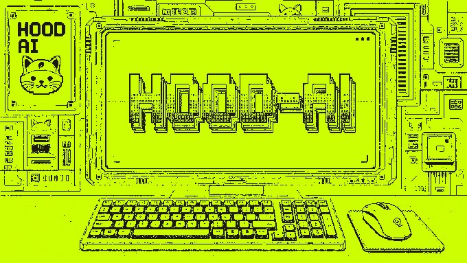 The image features a stylized, neon-green pixelated illustration of a computer monitor displaying "HOOD-AI" in bold block letters, with a keyboard and mouse below and a small cat logo with "HOOD AI" text in the upper left corner.

This visual directly supports the post by reinforcing the "HOOD-AI" branding of the AI agent project launching on the Robinhood chain, with the retro-tech aesthetic highlighting its digital, blockchain-based nature.
