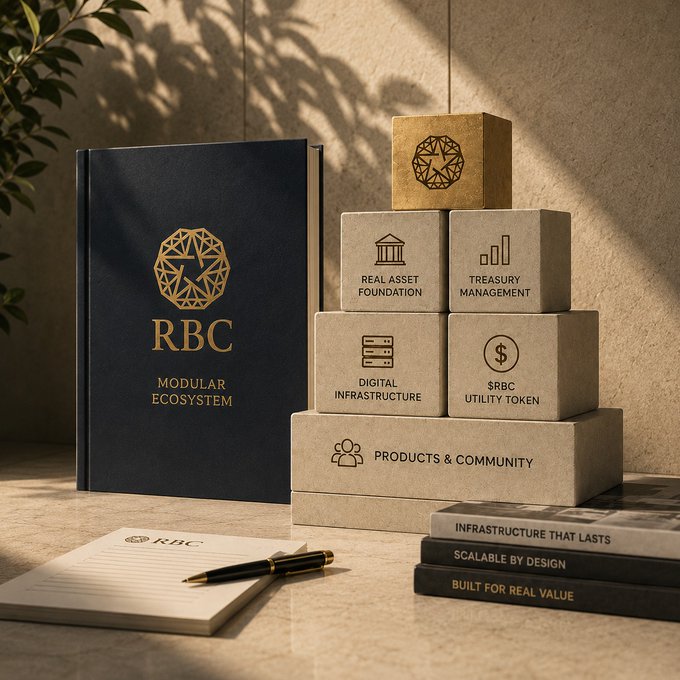 A professional promotional image for 'RBC Modular Ecosystem' displays a branded navy book alongside stacked cardboard blocks representing 'REAL ASSET FOUNDATION', 'TREASURY MANAGEMENT', 'DIGITAL INFRASTRUCTURE', and '$RBC UTILITY TOKEN'.