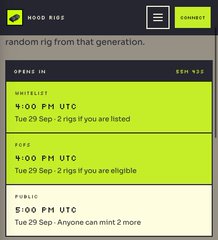 A screenshot of the Mood Ride app showing a random rig scheduled for three release times on Tue 29 Sep: 4:00 PM UTC (Whitelist), 4:00 PM UTC (Riff), and 5:00 PM UTC (Public).