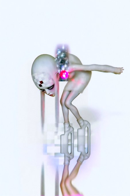 A surreal 3D render features a bald, pale humanoid figure bent forward with pixelated artifacts and glitch effects on its head and body, while a glowing pink heart emanates from its back, all reflected on a glossy white surface.