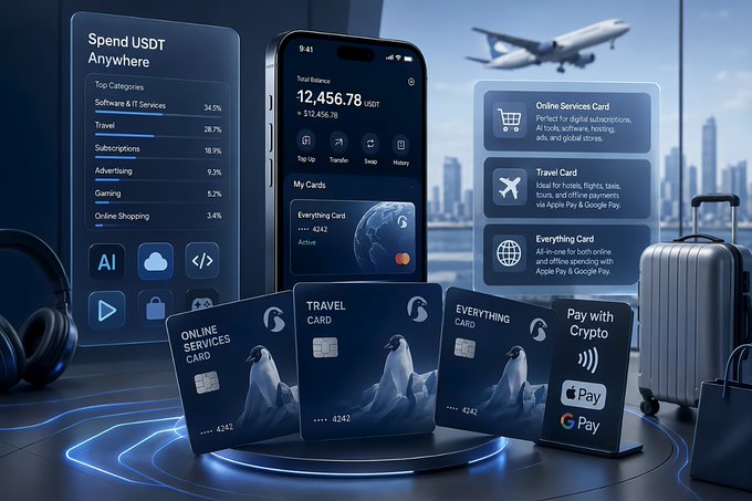 A promotional graphic advertises a 'USDT Anywhere' spending card, displaying a mobile app interface, various physical cards labeled 'Online Services Card', 'Travel Card', and 'Everything Card', and icons for Apple Pay and Google Pay.