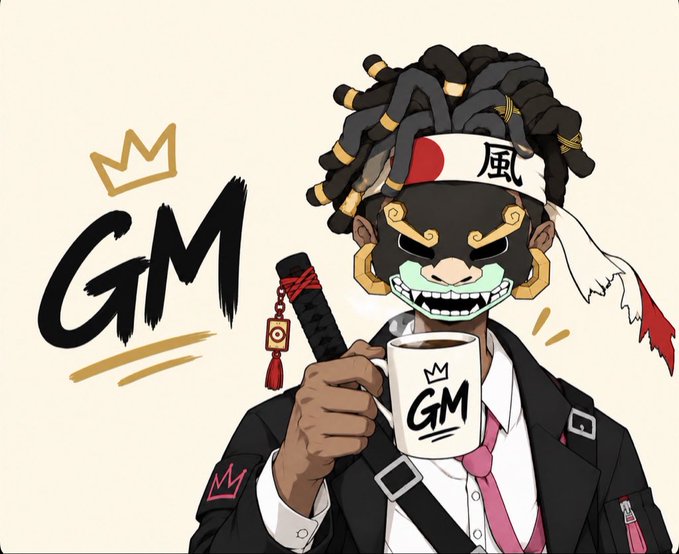 A stylized cartoon illustration of a character with dreadlocks wearing a Japanese hannya-style mask, holding a sword and a white mug labeled 'GM', with 'GM' written in large brushstroke text to the left.