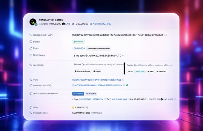 A blockchain transaction record showing a transfer of 10,000,000 LAB tokens ($11,300,000.00) to a null address (0x000...000), with status: Success, block 109019226, and a transaction fee of 0.0000044424 BNB.