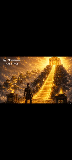 A fantasy illustration of a warrior looking up a glowing golden staircase leading to a temple on a mountain, labeled 'Nomisma' and 'FINAL STAGE' in the top left corner.
