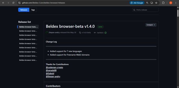A GitHub releases page for "Beldex browser-beta v1.4.0" by Stephan-andry, with change log noting added support for 7 new languages and Freename Web3 domain support.