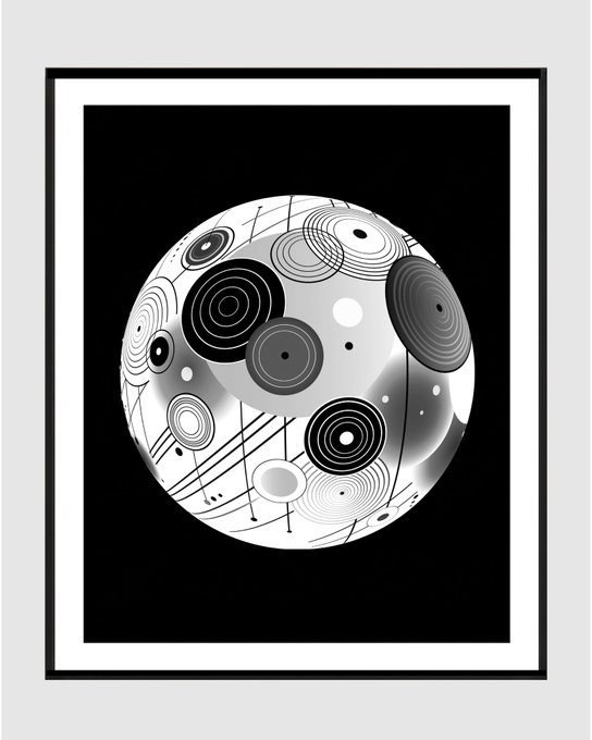 A framed artwork displaying a 3D metallic sphere covered in circular concentric ring patterns and abstract geometric designs against a solid black background.