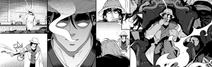 A black-and-white manga panel collage featuring various dramatic scenes, including characters wearing wide-brimmed hats, a masked figure, and intense close-up expressions.