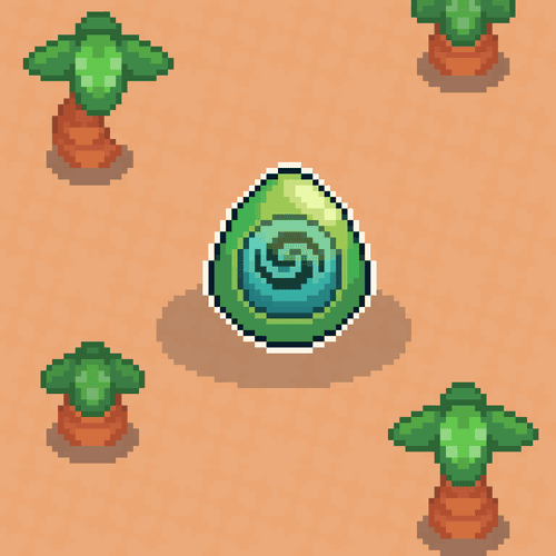 A pixel art scene shows a swirled green and teal egg resting on a sandy surface, surrounded by four small palm trees in the corners. The image illustrates the "Egg" reward referenced in the Yakkamon trainer post, inviting players to share their own captured eggs.