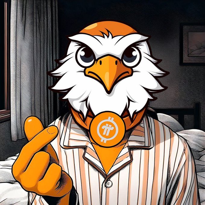 A digital artwork of a bald eagle character wearing orange and white striped pajamas, holding up one finger while displaying an orange Bitcoin logo medallion on its chest.