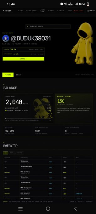 The image displays a user's profile page on the TipMotion app with the username @DUDUK39031, showing a balance of 2,040 MOTION tokens (worth $1,035) and a tip history featuring 570 total tips with 6 received contributors. The screenshot illustrates the platform's functionality mentioned in the post, where users can give tips by including @tipmotion, the tip amount, a message, and the $MOTION ticker.