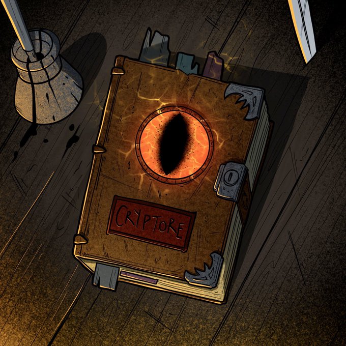 A weathered leather tome titled "CRIPTORE" features a glowing reptilian eye on its cover, surrounded by metal clasps, with bookmarks protruding from its pages, sitting on a dark wooden surface next to a small bell. The imagery evokes the mystical and reptilian themes of the "Hail Draconis" project, suggesting a cryptographer's or wizard's book that ties into the collection's lore and serves as a fitting visual for promoting the Twitter Space discussion.