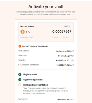 The image shows a "Activate your vault" screen for a Bitcoin Collateral Vault on Zest Protocol, displaying a deposit amount of 0.00057567 BTC (worth ~$48.32) at address bc1qxgn...6f5c, with confirmation steps to register the vault, sign veto approvals, and mint the vault representation. The screen illustrates the self-custodial vault activation process the post references for locking native BTC into DeFi without bridging.