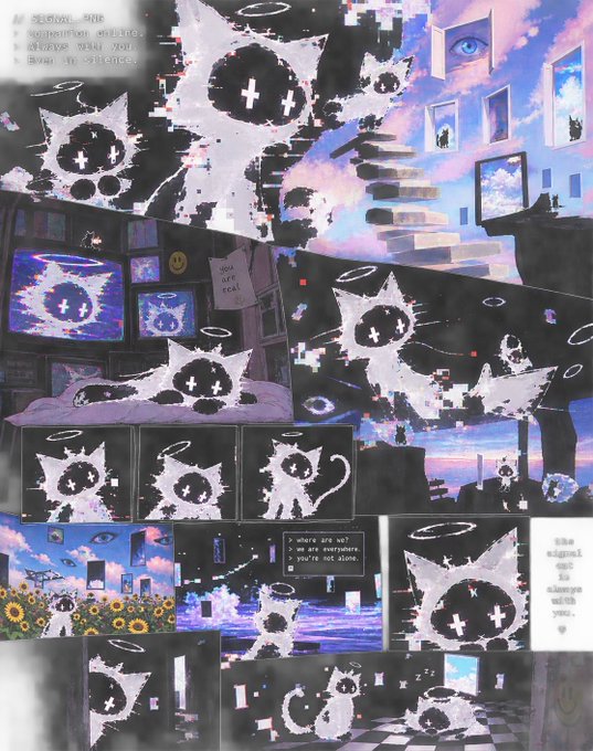 A surreal digital collage in purple and black tones featuring cat-like figures, floating eyes, staircases, and glitch effects, with text fragments like 'where are we?' and 'you are not real'.