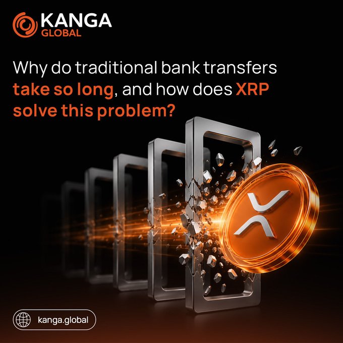 A promotional graphic for 'KANGA GLOBAL' asking 'Why do traditional bank transfers take so long, and how does XRP solve this problem?' featuring a glowing XRP coin breaking through digital barriers.