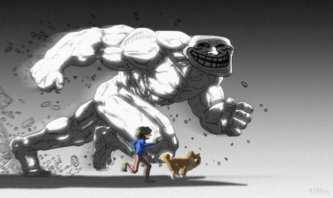 A digital illustration showing a giant, muscular grey troll-like figure with a wide grin chasing a young girl and a small brown dog.