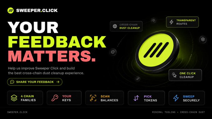 Sweeper.click landing page with bold 'YOUR FEEDBACK MATTERS.' headline, promoting cross-chain dust cleanup features including 4 Chain Families, Your Keys, Scan Balances, Pick Tokens, and Sweep Securely.