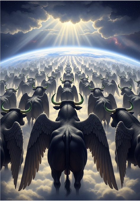 A massive herd of winged bull-like creatures descends toward Earth from the heavens, bathed in divine light breaking through the clouds. The image visually echoes the post's reference to "Generations of Bulls," symbolizing a long-awaited, momentous arrival tied to the cryptocurrency $ANSEM.