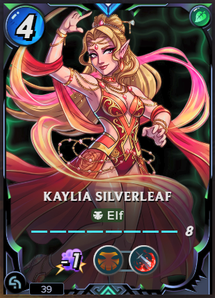 The image features a character named Kayla Silverleaf, depicted as a blonde woman with long hair wearing an orange dress. She is shown dancing in front of a dark green background, which gives her a unique appearance. The text "New #splinterlands Summer Fun skin for Kaylia Silverleaf on Black Foil" suggests that the image might be related to a post about summer fun or a summer-themed event.