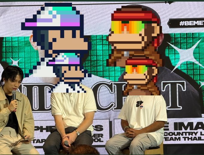 Pixelated figures resembling bored ape NFTs and characters from "The Legend of Zelda" are superimposed over individuals speaking on a panel, with the hashtag #BEMET at the event. The image directly illustrates the "Monkes are taking over Bangkok" theme from the post.