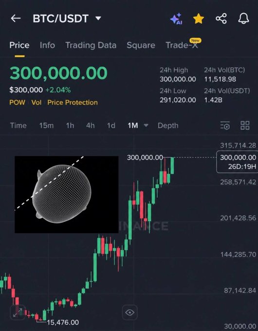 A Binance trading chart for BTC/USDT shows Bitcoin at $300,000, up 2.04%, with a 1-month view displaying a strong upward trend from $15,476 to its current all-time high of $300,000. The image humorously illustrates the post's point by showing how dramatically different things would be for Bitcoin holders if the price had actually reached $300,000 per coin.