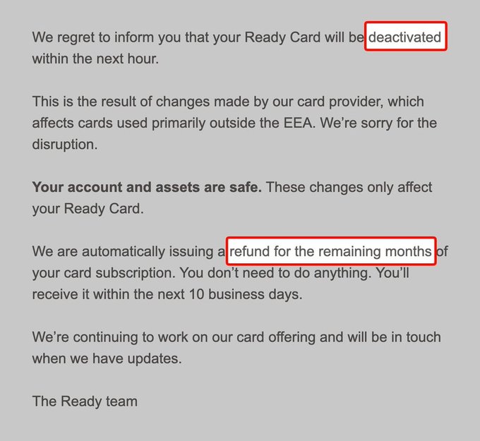 The image shows a letter addressed to an individual from the Ready Team, which explains that their credit card will be disabled for one hour due to changes made by its card-issuing service provider. The text indicates that the card is now being used outside of the European Economic Area (EEA), and this change affects users who have a USDC card. The letter also mentions that the Ready Team has notified users about this issue, but it does not provide any further details on how to proceed or what actions they should take next.
