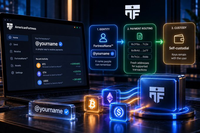 A digital illustration for AmericanFortress showing a laptop interface with a username '@yourname' and recent activity for BTC, ETH, and USDC, alongside a three-step process diagram: 1. Identity (FortressName™), 2. Payment Routing with crypto addresses, and 3. Custody (Self-custodial).