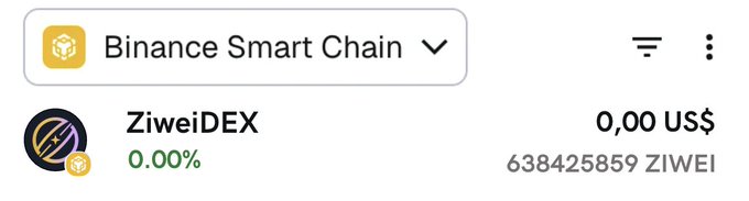 The image shows a Binance Smart Chain wallet interface displaying a balance of 638,425,859 ZIWEI tokens (ZiweiDEX) valued at 0.00 US$ with 0.00% change. This appears to serve as proof of a successful airdrop claim, demonstrating the user has received a massive quantity of ZIWEI tokens as promoted in the accompanying post offering 120,000 $ZIWEI per wallet for the first 750 participants who share their BNB address and retweet.