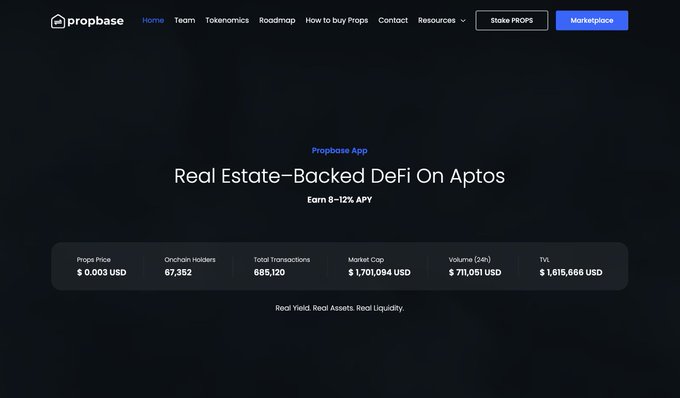 The Propbase website homepage for 'Real Estate-Backed DeFi On Aptos' showing Earn 8-12% APY, with stats: Props Price $0.003 USD, Onchain Holders 67,352, Total Transactions 685,120, Market Cap $1,701,094 USD, Volume (24h) $711,051 USD, TVL $1,615,666 USD.