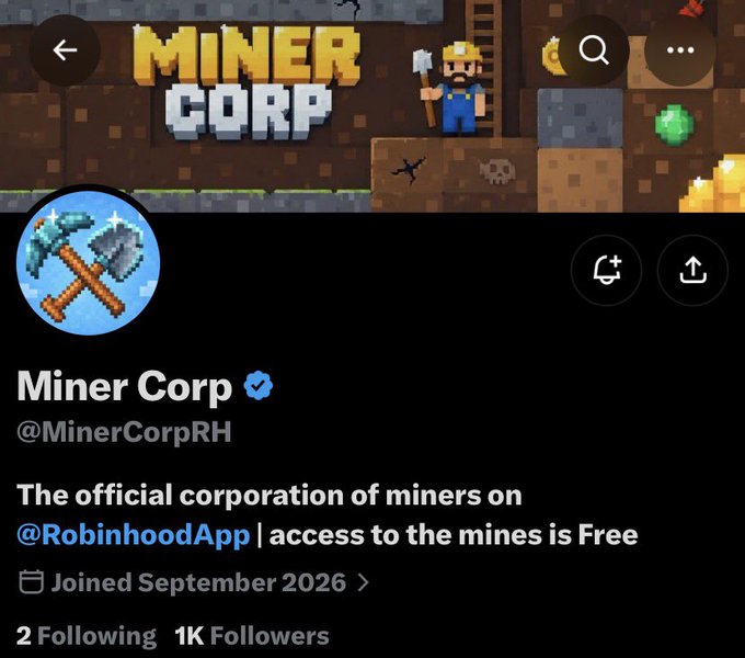 A Twitter/X profile page for "Miner Corp" (@MinerCorpRH) with pixel-art miner graphics and the banner "The official corporation of miners on @RobinhoodApp | access to the mines is Free".