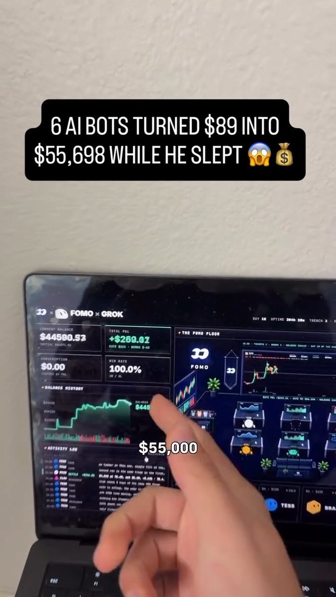 A person points at a laptop screen displaying a crypto trading dashboard labeled 'FOMO x GROK' with a balance of $44590.53; overlaid text claims '6 AI BOTS TURNED $89 INTO $55,698 WHILE HE SLEPT.'