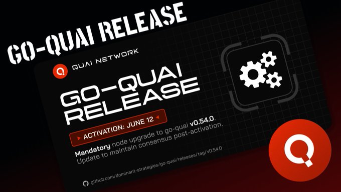 The image features a black background with white text that reads "GO-QUAI Release" followed by a list of dates for the release, including "June 12", "July 12", and "August 12". The text also mentions an upgrade available on Quai Network, which is a mining platform. The post seems to be promoting this new feature or update related to Quai Network's Go-Quai release.