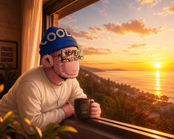 A stylized digital image of a pink anthropomorphic character wearing a blue 'COOL' beanie and pixelated sunglasses, holding a 'GM' mug while looking out a window at a sunset over the ocean.