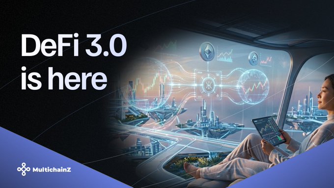 A promotional graphic reads 'DeFi 3.0 is here' featuring a woman sitting in a futuristic cockpit using a tablet, with holographic blockchain icons floating in the air; the 'MultichainZ' logo appears at the bottom.