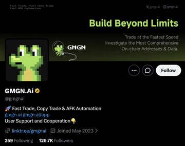 A Twitter/X profile page for GMGN.AI (@gmgnai) displaying a pixel-art dinosaur banner reading "Build Beyond Limits — Trade at the Fastest Speed, Investigate the Most Comprehensive On-chain Addresses & Data," with the account showing 259 following and 126.7K followers, and branding itself as a fast trade, copy trade and AFK automation tool. The image provides the platform identity behind the post's stats highlighting GMGN.AI's dominance in Telegram trading bot fees and revenue versus Pumpfun's Terminal.