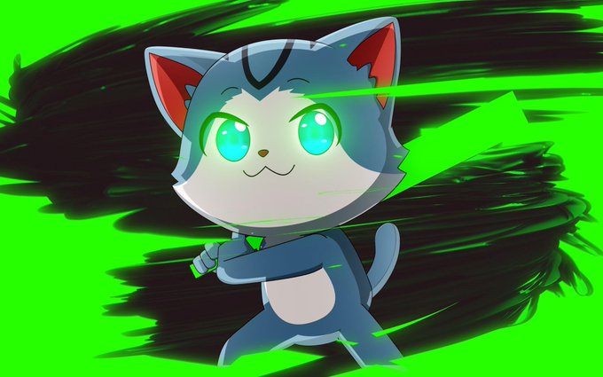 An illustration of a cute blue and gray cat-like anime character with large green eyes, striking a dynamic pose against a vibrant neon green background with black brush strokes.