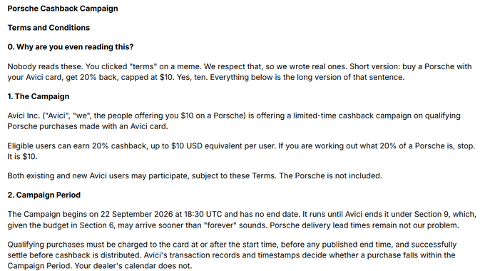 Text outlines 'Porsche Cashback Campaign' terms and conditions, offering a 20% rebate capped at $10 for Porsche purchases made with an Avici card.