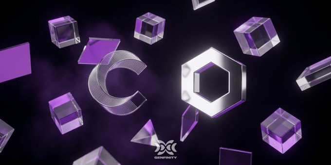 A dark background features floating 3D purple and silver cubes alongside a metallic "C" logo, symbolizing the onchain proof of insurance for the $3T private credit market. The word "DEFINIT[Y]" is visible at the bottom, reinforcing the institutional tokenization milestone mentioned in the post.