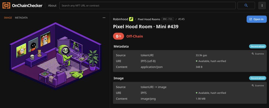 An OnChainChecker interface showing NFT metadata for 'Pixel Hood Room - Mini #439' from the Robinhood Pixel Hood Rooms ERC-721 collection, item #145, with off-chain status indicators.