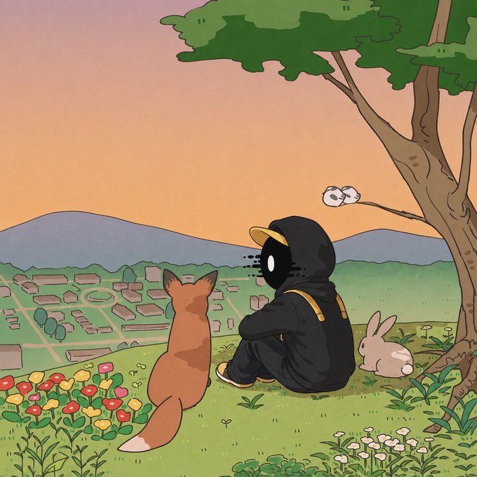 An anime-style illustration showing a figure in a black hoodie sitting on a grassy hill next to a fox and a small rabbit, looking out over a small town at sunset.