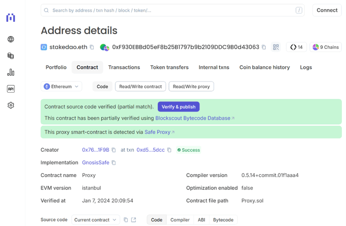 A Blockscout 'Address details' page for stoked.eth on the Ethereum network showing contract information including that it's a proxy contract verified using GnosisSafe.