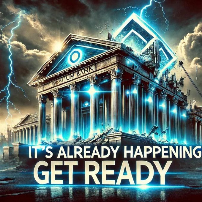 A dramatic digital illustration depicts a classical bank-like structure glowing with blue energy against a stormy sky, overlaid with the text 'IT'S ALREADY HAPPENING GET READY'.