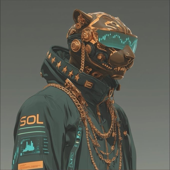 A digital illustration of an anthropomorphic panther character wearing a futuristic bronze visor, dark jacket adorned with gold stars, multiple gold chains, and a sleeve label reading 'SOL'.