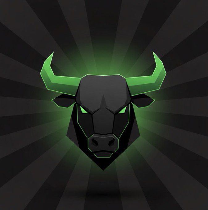 A stylized geometric bull's head logo with glowing green eyes and horns set against a dark radial sunburst background, visually reinforcing the bullish crypto sentiment implied by the post about keeping an accidental $10k $ANSEM transfer.