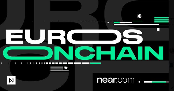 A bold promotional graphic reading "EUROS ONCHAIN" in white and mint green text, featuring the near.com logo alongside glitch-style design elements, visually reinforces the announcement that NEAR Protocol is enabling European users to convert euros directly from their bank accounts into crypto onchain.