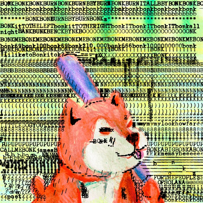 A chaotic sketch of an orange rabbit-like creature overlaid on rows of repetitive text including "BONK," "ban k," "left," and "right," with phrases like "for the people of solana" and "mylookhowfar" visible.