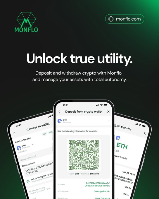 An advertisement for Monflo with the headline 'Unlock true utility.', promoting crypto deposit and withdrawal services, showing three phone mockups displaying ETH transfer and QR code deposit screens, with 'monflo.com' in the corner.