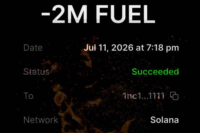 A dark-themed screenshot of a successful crypto transaction showing '-2M FUEL' sent to a wallet address ending in 1111 on the Solana network, dated Jul 11, 2026.