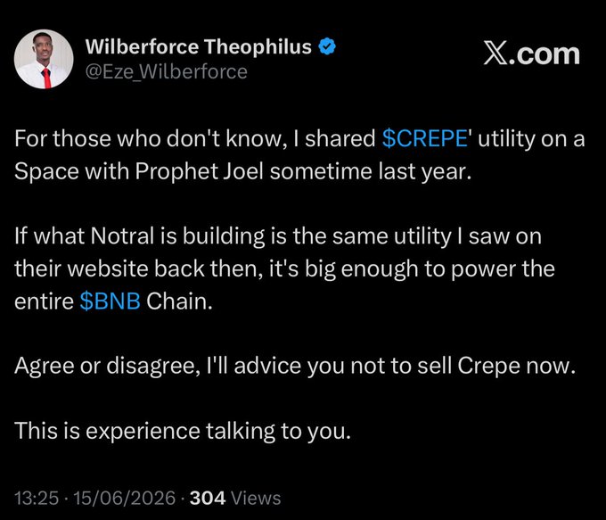 The image shows a Twitter post by Wilberforce Theophilus with a caption that reads "For those who don't know, I shared $CrepE utility on a Space with Prophet Joel somewhat recently." The post also mentions that there are views of this conversation in the comments section below it.